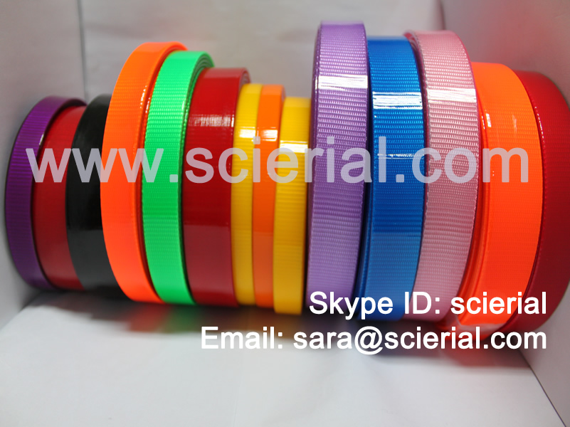 coated webbing, polymer coated webbing, polyurethane coated webbing, synthetic coated webbing, PVC coated webbing, hunting dog collar, sporting dog collar, waterproof dog leash, outerdoor dry bag belt, waterproof bag strap, waterproof safety belt, horse racing harness